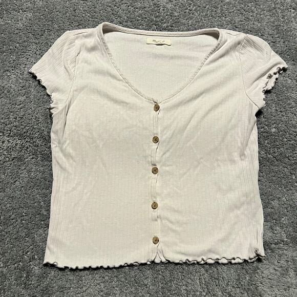 Madewell Tops - Madewell Shirt Womens Small Ribbed Lettuce Hem V-Neck Tee Off White NJ806
